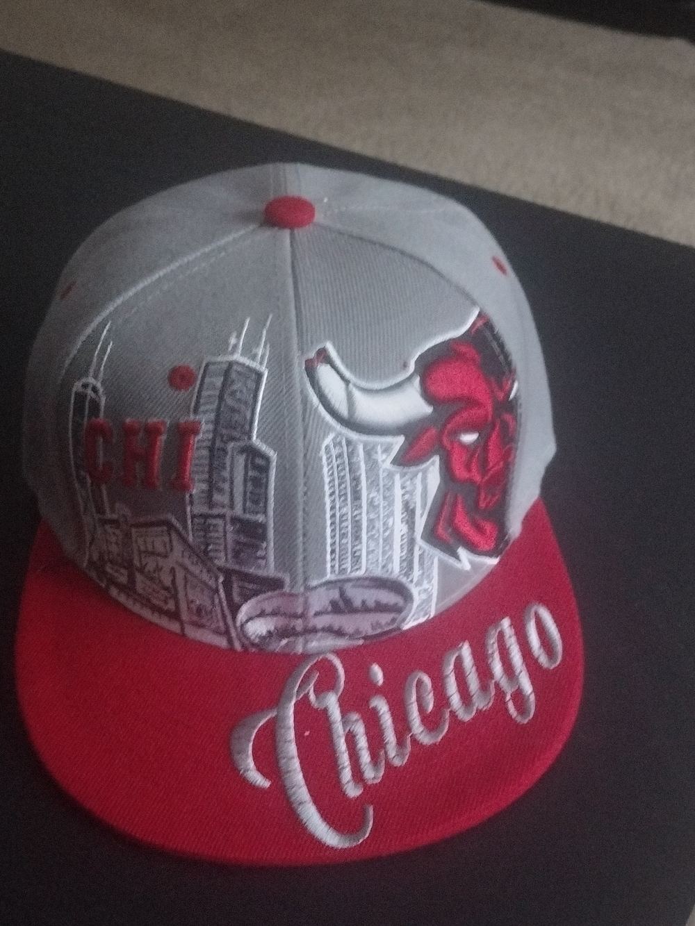 Chicago Script Snapback Hat - Gray and Red